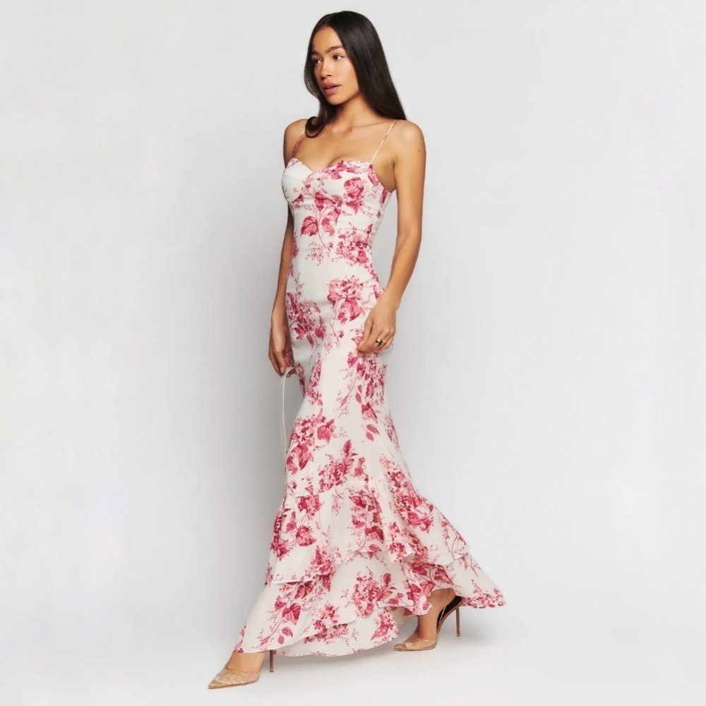 Reformation Fallon Fallon Dress Pink Ruffle Rose Cream Maxi Gown Dress Size 6